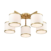 Photograph: Franklite Sirius Aged Brass Flush 5 Light Ceiling Light Complete With Off-White Textured Fabric Shades And Aged Brass Trims
