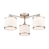 Photograph: Franklite Sirius Satin Nickel Flush 3 Light Ceiling Light Complete With Off-White Textured Fabric Shades And Satin Nickel Trims