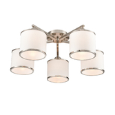 Photograph: Franklite Sirius Satin Nickel Flush 5 Light Ceiling Light Complete With Off-White Textured Fabric Shades And Satin Nickel Trims