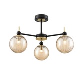 Photograph: Franklite Solar 3 Light Semi-Flush Ceiling Light In Matt Black & Aged Brass With Amber Ribbed Glass Globes