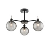 Photograph: Franklite Solar 3 Light Semi-Flush Ceiling Light In Matt Black & Satin Nickel With Smoke Ribbed Glass Globes