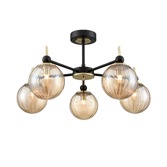 Photograph: Franklite Solar 5 Light Semi-Flush Ceiling Light In Matt Black & Aged Brass With Amber Ribbed Glass Globes