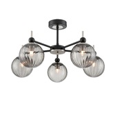 Photograph: Franklite Solar 5 Light Semi-Flush Ceiling Light In Matt Black & Satin Nickel With Smoke Ribbed Glass Globes