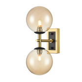 Photograph: Franklite Stellar Matt Black And Aged Brass 2 Light Bathroom Wall Sconce Complete With Amber Globes - IP44