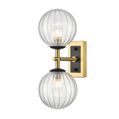 Photograph: Franklite Stellar Matt Black And Aged Brass 2 Light Bathroom Wall Sconce Complete With Clear Ribbed Globes - IP44