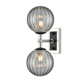 Photograph: Franklite Stellar Matt Black And Polished Nickel 2 Light Bathroom Wall Sconce Complete With Smoked Ribbed Globes - IP44