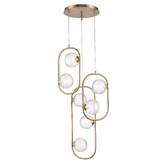 Photograph: Franklite Trapeze 7 Light Cluster Pendant In Aged Brass With Clear Textured Glass Shades