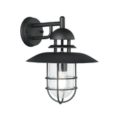 Photograph: Franklite Wharf Stainless Steel Matt Black Exterior Wall Light Complete With Cage And Clear Glass - IP44