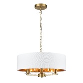 Photograph: Franklite Windsor 3 Light Multi-Arm Pendant In Aged Brass With Cream Fabric Shade & Gold Lining