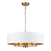 Photograph: Franklite Windsor 5 Light Multi-Arm Pendant In Aged Brass With Cream Fabric Shade & Gold Lining