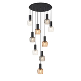 Photograph: Idolite Adele 100.5cm 9 Light Round Cluster Pendant Satin Black With Brown/Clear/Smoke Wavy Wine Glass Shades