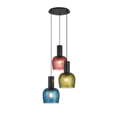 Photograph: Idolite Adele 47cm 3 Light Round Cluster Pendant Satin Black With Petrol Blue/Moss Green/Purple Ribbed Wine Glass Shades