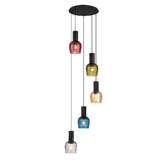Photograph: Idolite Adele 62cm 5 Light Round Cluster Pendant Satin Black With Amber/Petrol Blue/Moss Green/Purple Ribbed Wine Glass Shades