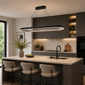 Photograph: Idolite Aster 1.2m Black Faux Leather And Silver Finish Square Oval Led Island Pendant Light Complete With Remote - 3000k-6000k Adjustable
