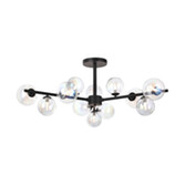 Photograph: Idolite Calix Satin Black 110cm Semi-Flush 3 Arm 12 Light Complete With Iridescent Plated Glass Globe Shades