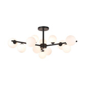 Photograph: Idolite Calix Satin Black 110cm Semi-Flush 3 Arm 12 Light Complete With Opal Glass Globe Shades