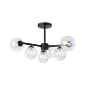 Photograph: Idolite Calix Satin Black 71.5cm Semi-Flush 3 Arm 6 Light Complete With Iridescent Plated Glass Globe Shades