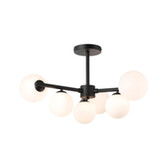 Photograph: Idolite Calix Satin Black 71.5cm Semi-Flush 3 Arm 6 Light Complete With Opal Glass Globe Shades