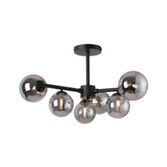 Photograph: Idolite Calix Satin Black 71.5cm Semi-Flush 3 Arm 6 Light Complete With Smoke Plated Glass Globe Shades