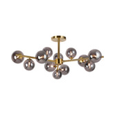 Photograph: Idolite Calix Satin Gold 100cm Semi-Flush 3 Arm 12 Light Complete With Smoke Plated Glass Globe Shades