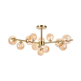 Photograph: Idolite Calix Satin Gold 110cm Semi-Flush 3 Arm 12 Light Complete With Amber Plated Glass Globe Shades