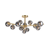Photograph: Idolite Calix Satin Gold 110cm Semi-Flush 3 Arm 12 Light Complete With Chrome Plated Glass Globe Shades