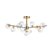 Photograph: Idolite Calix Satin Gold 110cm Semi-Flush 3 Arm 12 Light Complete With Iridescent Plated Glass Globe Shades