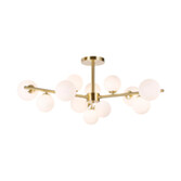 Photograph: Idolite Calix Satin Gold 110cm Semi-Flush 3 Arm 12 Light Complete With Opal Glass Globe Shades