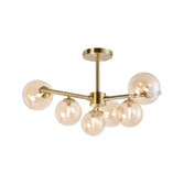 Photograph: Idolite Calix Satin Gold 71.5cm Semi-Flush 3 Arm 6 Light Complete With Amber Plated Glass Globe Shades