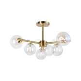 Photograph: Idolite Calix Satin Gold 71.5cm Semi-Flush 3 Arm 6 Light Complete With Iridescent Plated Glass Globe Shades