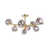 Photograph: Idolite Calix Satin Gold 88cm Semi-Flush 3 Arm 9 Light Complete With Smoke Plated Glass Globe Shades