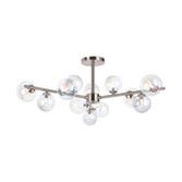 Photograph: Idolite Calix Satin Nickel 110cm Semi-Flush 3 Arm 12 Light Complete With Iridescent Plated Glass Globe Shades