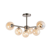 Photograph: Idolite Calix Satin Nickel 71.5cm Semi-Flush 3 Arm 6 Light Complete With Amber Plated Glass Globe Shades