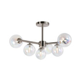 Photograph: Idolite Calix Satin Nickel 71.5cm Semi-Flush 3 Arm 6 Light Complete With Iridescent Plated Glass Globe Shades