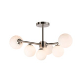 Photograph: Idolite Calix Satin Nickel 71.5cm Semi-Flush 3 Arm 6 Light Complete With Opal Glass Globe Shades