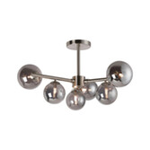 Photograph: Idolite Calix Satin Nickel 71.5cm Semi-Flush 3 Arm 6 Light Complete With Smoke Plated Glass Globe Shades