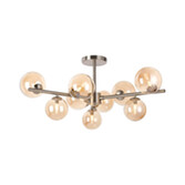 Photograph: Idolite Calix Satin Nickel 88cm Semi-Flush 3 Arm 9 Light Complete With Amber Plated Glass Globe Shades