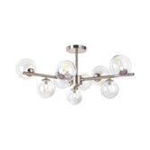 Photograph: Idolite Calix Satin Nickel 88cm Semi-Flush 3 Arm 9 Light Complete With Iridescent Plated Glass Globe Shades