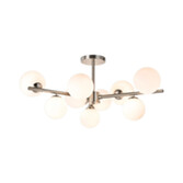 Photograph: Idolite Calix Satin Nickel 88cm Semi-Flush 3 Arm 9 Light Complete With Opal Glass Globe Shades