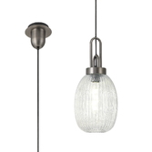 Photograph: Idolite Camille 1 Light Pendant E27 20cm Almond Ribbed Glass, Clear Antique Silver/Black