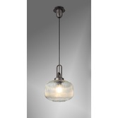 Photograph: Idolite Camille 1 Light Pendant E27 30cm Pumpkin Shaped Ribbed Glass, Clear Black/Aged Pewter