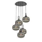 Photograph: Idolite Camille 2.5m Round Pendant, 5 x E27, Black Chrome/Matt Black With 30cm Pumpkin Shaped Ribbed Smoked Glass