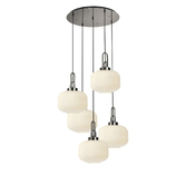 Photograph: Idolite Camille 2.5m Round Pendant, 5 x E27, Polished Nickel/Matt Black With 30cm Pumpkin Shaped Ribbed Opal Glass