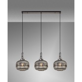 Photograph: Idolite Camille Linear 3 Light Pendant E27, Black Chrome/Matt Black With 30cm Pumpkin Shaped Ribbed Smoked Glass