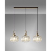 Photograph: Idolite Camille Linear 3 Light Pendant E27, Brass Gold/Matt Black With 30cm Pumpkin Shaped Ribbed Champagne Glass