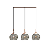 Photograph: Idolite Camille Linear 3 Light Pendant E27, Copper/Matt Black With 30cm Pumpkin Shaped Ribbed Smoked Glass