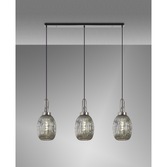 Photograph: Idolite Camille Linear 3 Light Pendant E27 With 20cm Almond Ribbed Glass, Smoked Polished Nickel/Matt Black