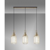 Photograph: Idolite Camille Linear 3 Light Pendant E27 With 20cm Tubular Ribbed Glass, Champagne Brass Gold/Matt Black