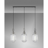 Photograph: Idolite Camille Linear 3 Light Pendant E27 With 20cm Tubular Ribbed Glass, Clear Polished Nickel/Matt Black