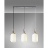 Photograph: Idolite Camille Linear 3 Light Pendant E27 With 20cm Tubular Ribbed Glass, Opal Brass Gold/Matt Black